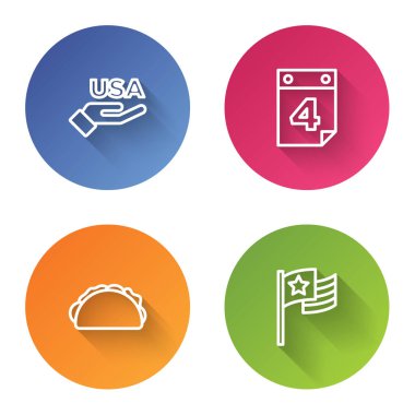 Set line USA Independence day, Calendar with date July 4, Taco tortilla and American flag. Color circle button. Vector.