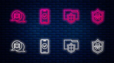 Set line Smartphone, Document folder protection, System bug and Incognito mode. Glowing neon icon on brick wall. Vector.