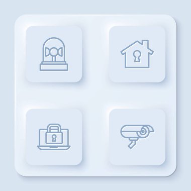 Set line Flasher siren, House under protection, Laptop and lock and Security camera. White square button. Vector.