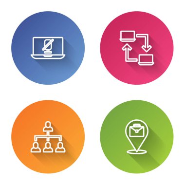 Set line Mute microphone on laptop, Online working, Hierarchy organogram chart and . Color circle button. Vector.