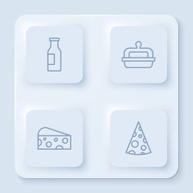 Set line Bottle with milk, Butter in a butter dish, Cheese and . White square button. Vector.