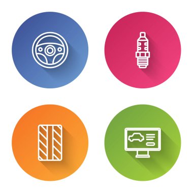 Set line Steering wheel, Car spark plug, tire and Diagnostics condition of car. Color circle button. Vector.