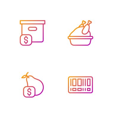 Set line Barcode, Price tag for pear, Carton cardboard box with price and Roasted turkey chicken. Gradient color icons. Vector.