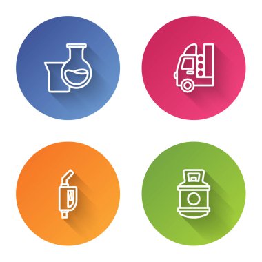Set line Oil petrol test tube, Gas tank for vehicle, Gasoline pump nozzle and Propane gas. Color circle button. Vector.