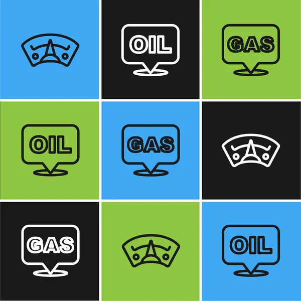 Set Line Motor Gas Gauge Location Station Word Oil Icon — 图库矢量图片