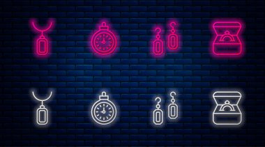 Set line Pocket watch, Earrings, Pendant on necklace and Diamond engagement box. Glowing neon icon on brick wall. Vector.