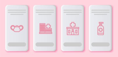 Set line Medical protective mask Hospital building and Antibacterial soap. White rectangle button. Vector.