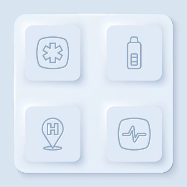 Set line Emergency - Star of Life Digital thermometer Location hospital and Heart rate. White square button. Vector.