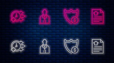 Set line Realtor Shield with dollar Clock and House contract. Glowing neon icon on brick wall. Vector.