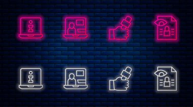 Set line World news Journalist Information and Journalistic investigation. Glowing neon icon on brick wall. Vector.