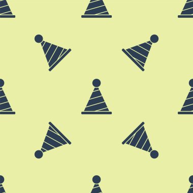 Mavi Parti şapka ikonu sarı arka planda kusursuz desen izole etti. Doğum günü şapkası. Vektör.