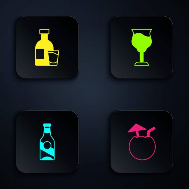 Set Coconut cocktail, Bottle of vodka with glass, Beer bottle and Wine. Black square button. Vector