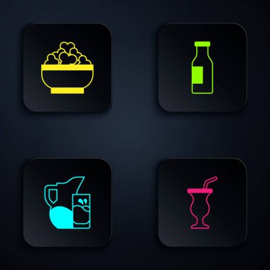 Set Milkshake, Cottage cheese, jug or pitcher and glass and Bottle with milk. Black square button. Vector