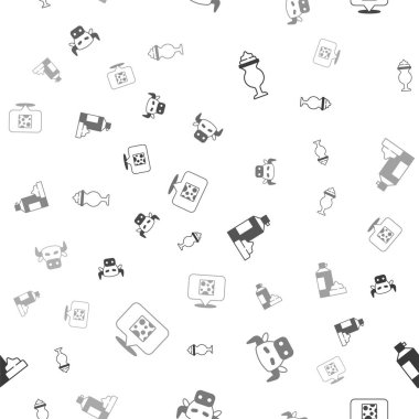 Set Milkshake, Cow head, Whipped cream in bottle and Cheese on seamless pattern. Vector