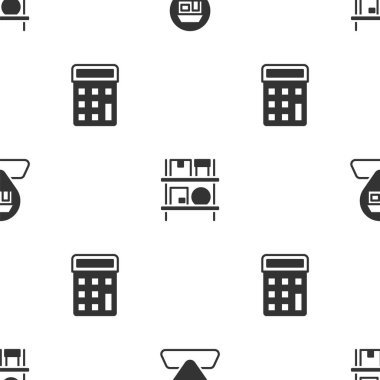 Set Location Market store, Warehouse interior with boxes and Calculator on seamless pattern. Vector