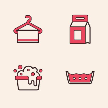 Set Temperature wash, Towel on hanger, Laundry detergent and Basin with soap suds icon. Vector