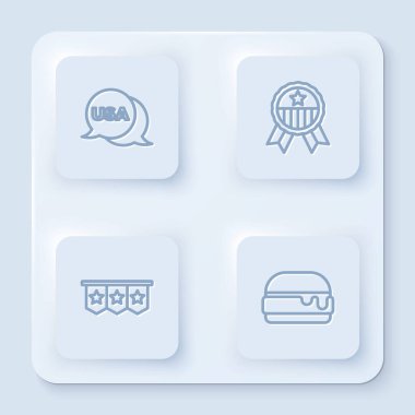 Set line USA Independence day, Medal with star, Carnival garland flags and Burger. White square button. Vector.