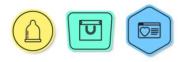 Set line Condom, Shopping bag and Dating app online. Colored shapes. Vector.