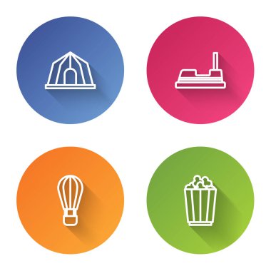Set line Circus tent, Bumper car, Hot air balloon and Popcorn in box. Color circle button. Vector.