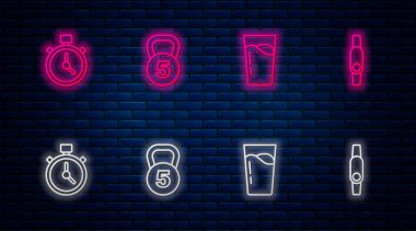 Set line Weight, Glass with water, Stopwatch and Smartwatch. Glowing neon icon on brick wall. Vector.