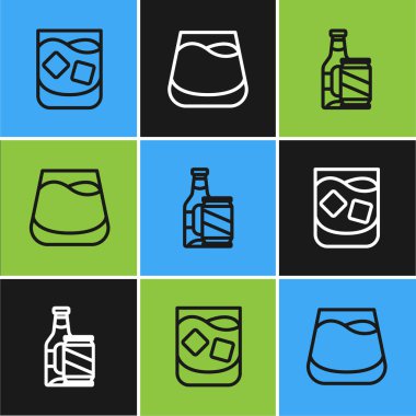 Set line Glass of whiskey, Beer bottle and beer can and icon. Vector.