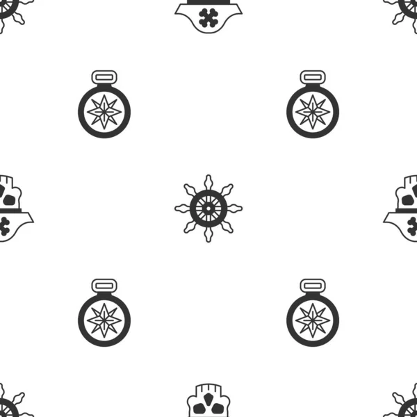 Set Pirate Captain Ship Steering Wheel Compass Seamless Pattern Vector — Vector de stock