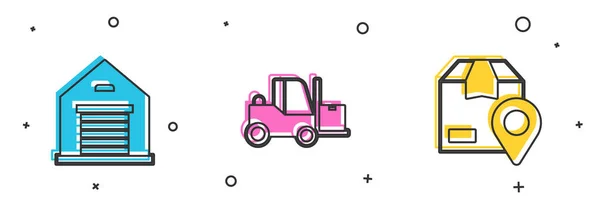 Set Warehouse Forklift Truck Location Cardboard Box Icon Vector — Vetor de Stock