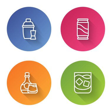 Set line Cocktail shaker, Beer can, Whiskey bottle and glass and Glass of whiskey. Color circle button. Vector.