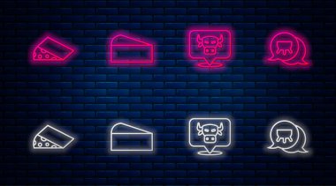 Set line Cheese, Cow head, and Udder. Glowing neon icon on brick wall. Vector.