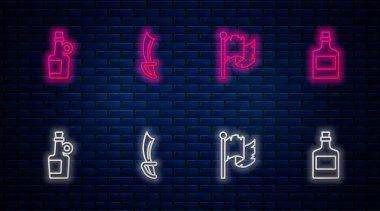 Set line Pirate sword, flag, Alcohol drink Rum and . Glowing neon icon on brick wall. Vector.