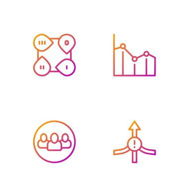 Set line Arrow, Project team base, Infographic element and Pie chart infographic. Gradient color icons. Vector.