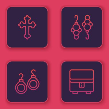 Set line Christian cross, Earrings, and Jewelry box. Blue square button. Vector.