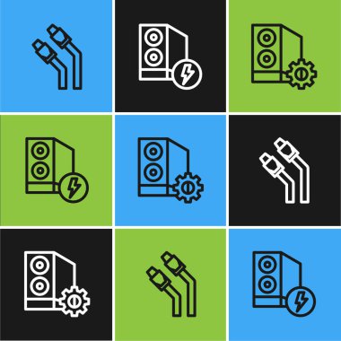 Set line LAN cable network internet, Case of computer and icon. Vector.