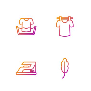 Set line Feather, Electric iron, Basin with shirt and Drying clothes. Gradient color icons. Vector.