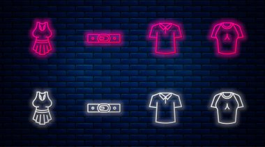 Set line Belt Shirt Undershirt and T-shirt. Glowing neon icon on brick wall. Vector.