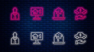 Set line Online real estate Realtor and Car rental. Glowing neon icon on brick wall. Vector.