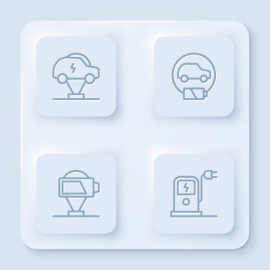 Set line Electric car Battery charge and charging station. White square button. Vector.