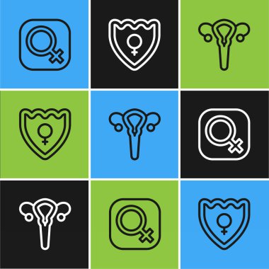 Set line Female gender reproductive system and Gender shield icon. Vector.
