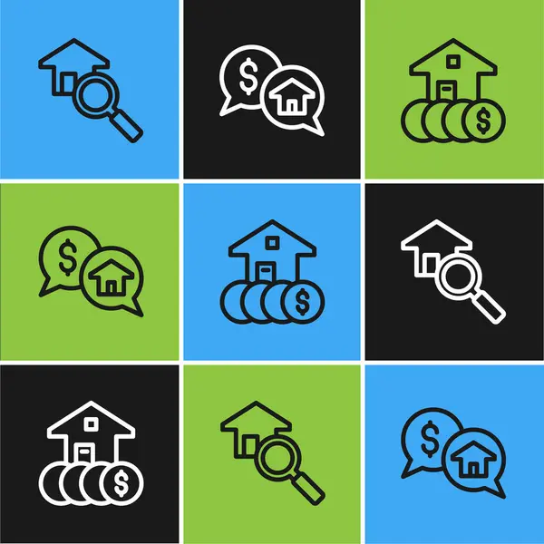 Set line Search house House with dollar and Price negotiation icon. Vector.