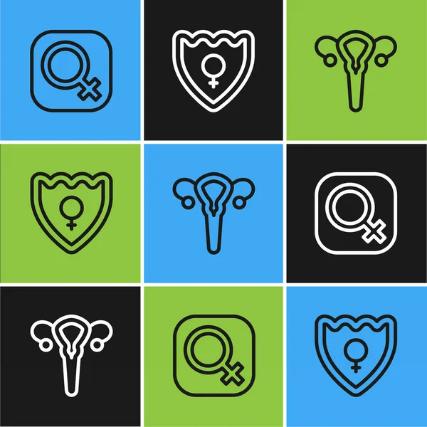Set line Female gender reproductive system and Gender shield icon. Vector.