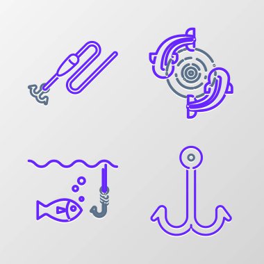 Set line Fishing hook under water with fish and line and float icon. Vector.