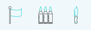 Set line Military knife Flag and Bullet icon. Vector.
