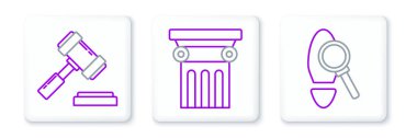 Set line Magnifying glass with footsteps Judge gavel and Law pillar icon. Vector.