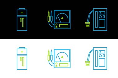 Set line Battery and Ampere meter multimeter voltmeter icon. Vector.