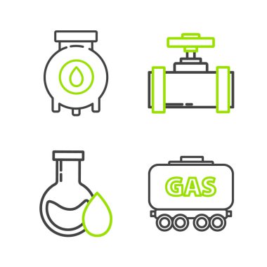 Set line Gas railway cistern Oil petrol test tube Industry metallic pipes and valve and gas industrial factory building icon. Vector.