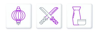 Set line Traditional Japanese tea ceremony paper lantern and katana icon. Vector.