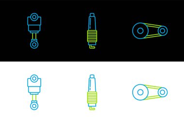 Set line Timing belt kit Engine piston and Car spark plug icon. Vector.