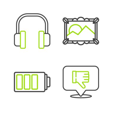 Set line Dislike in speech bubble Battery charge level indicator Picture landscape and Headphones icon. Vector.