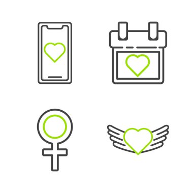 Set line Heart with wings Female gender symbol Calendar heart and Mobile phone icon. Vector.