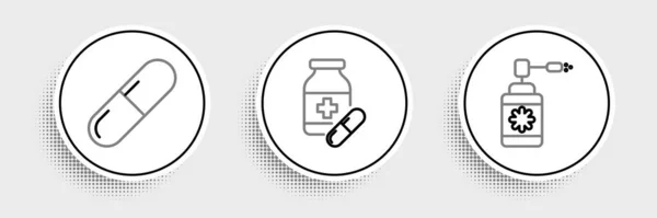 Набор Линии Медицинская Бутылка Сопла Спрей Медицина Таблетки Таблетки Таблетки — стоковый вектор
